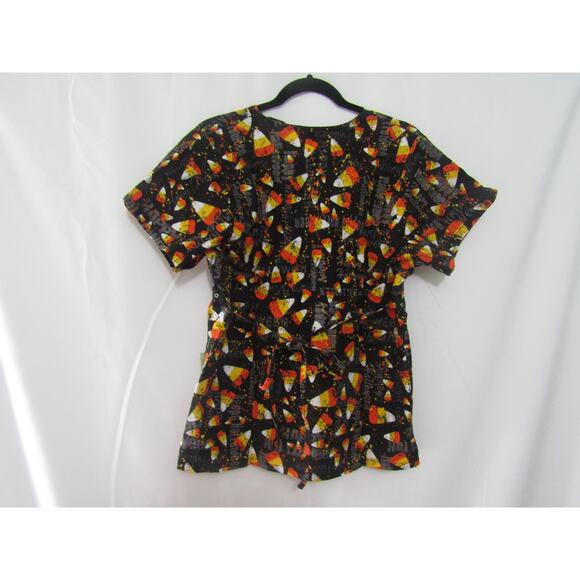 Tafford Scrub Top Small Black Candy Corn Happy Halloween 100% Cotton Nurse - Picture 3 of 8